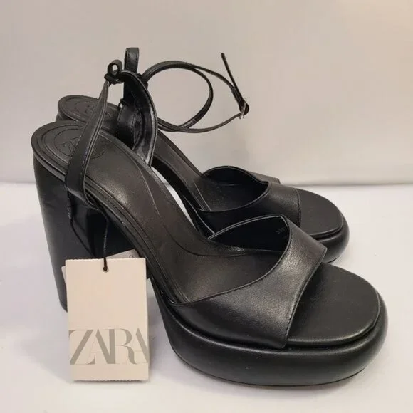 ZARA HIGH-HEEL PLATFORM SANDALS BLACK SIZE 63307/110